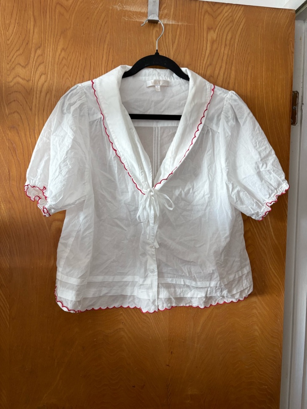 WAYF Elena White Short-Sleeve Peasant Blouse with Red Trim L - Picture 2 of 8